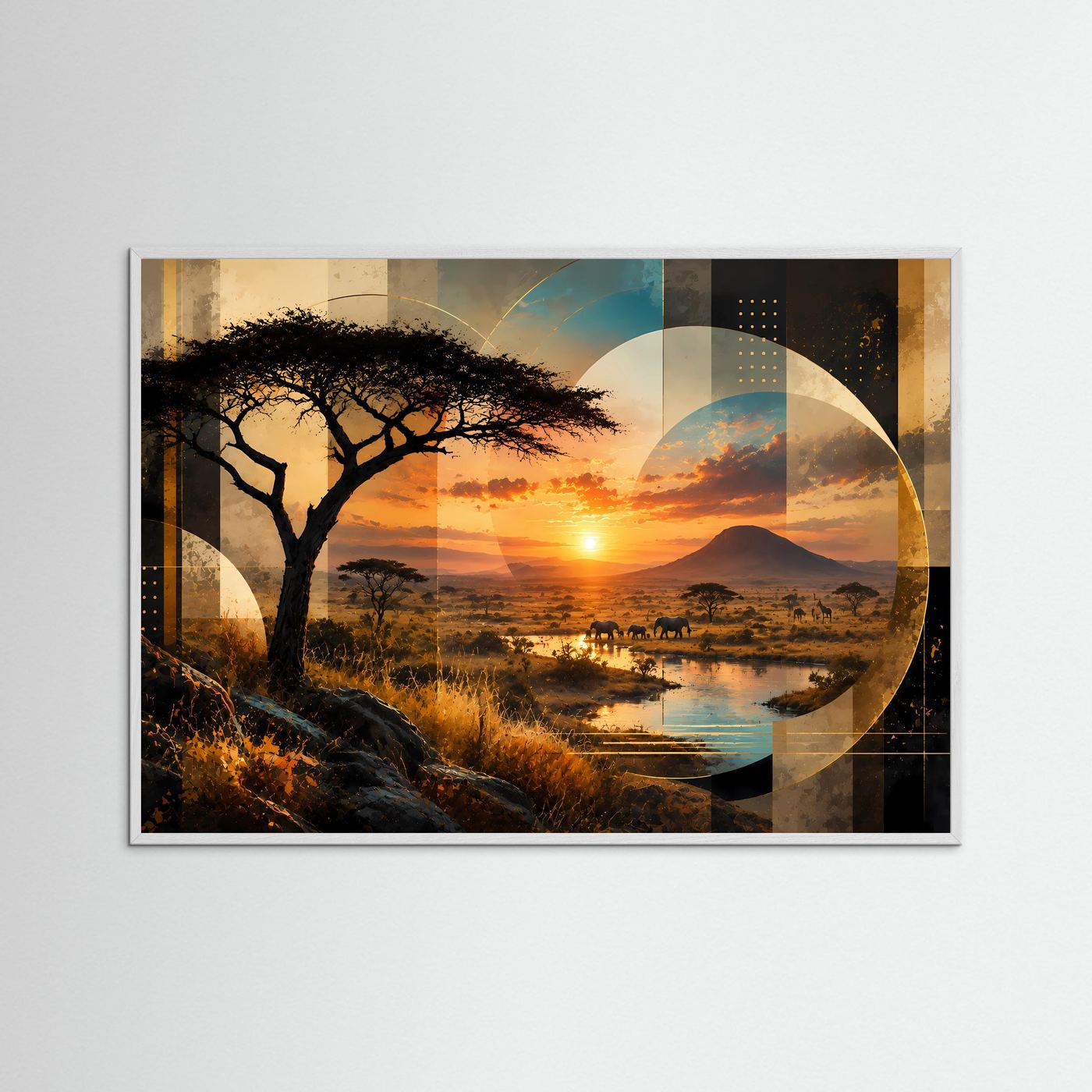 Querformat-Poster mit Savannenlandschaft: Baum-Silhouette, Sonnenuntergang, Berg und Fluss, Holzrahmen.