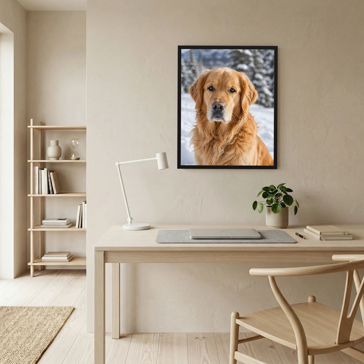 Wandbild mit goldenem Retriever im Schnee im schwarzen Rahmen