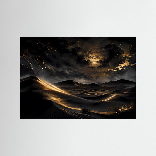 Wüstenlandschaft-Wandposter mit schwarzem Rahmen: goldene Dünen im Nachtlicht