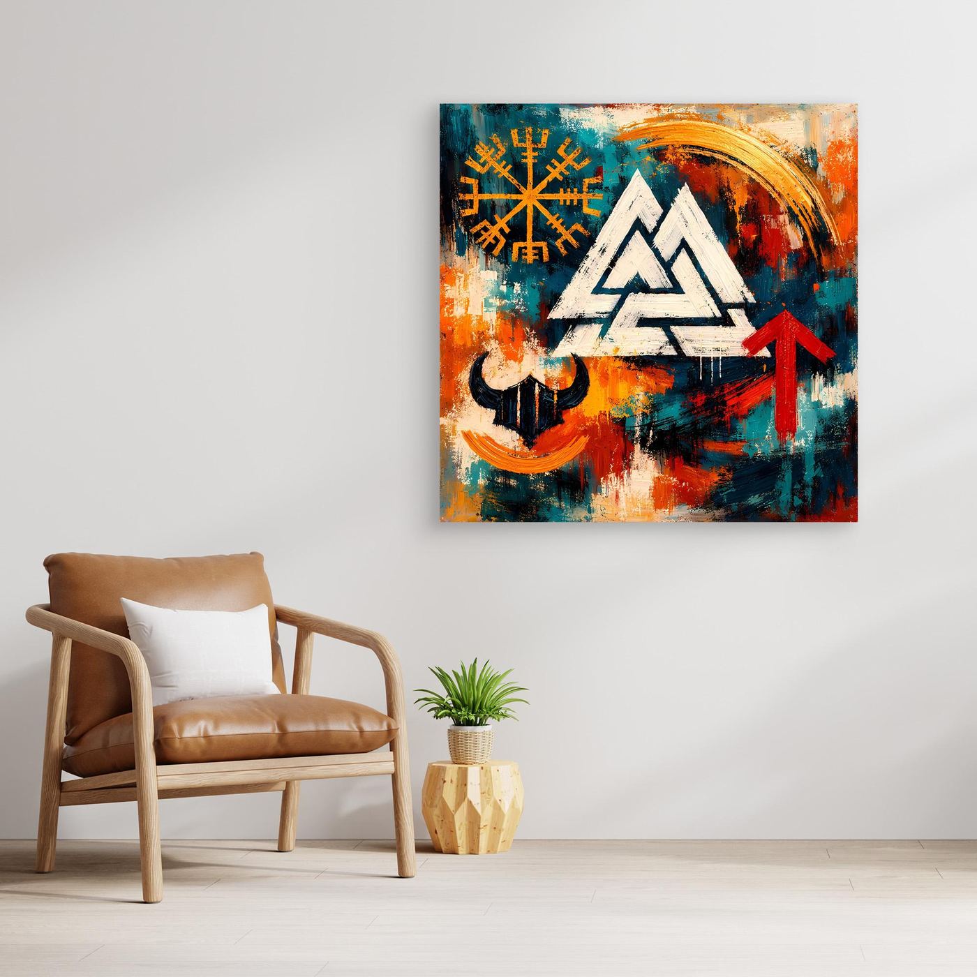 Wandbild mit Wikinger-Symbolen: Dreiecksmotiv, Runen, roter Pfeil und Kreissymbol