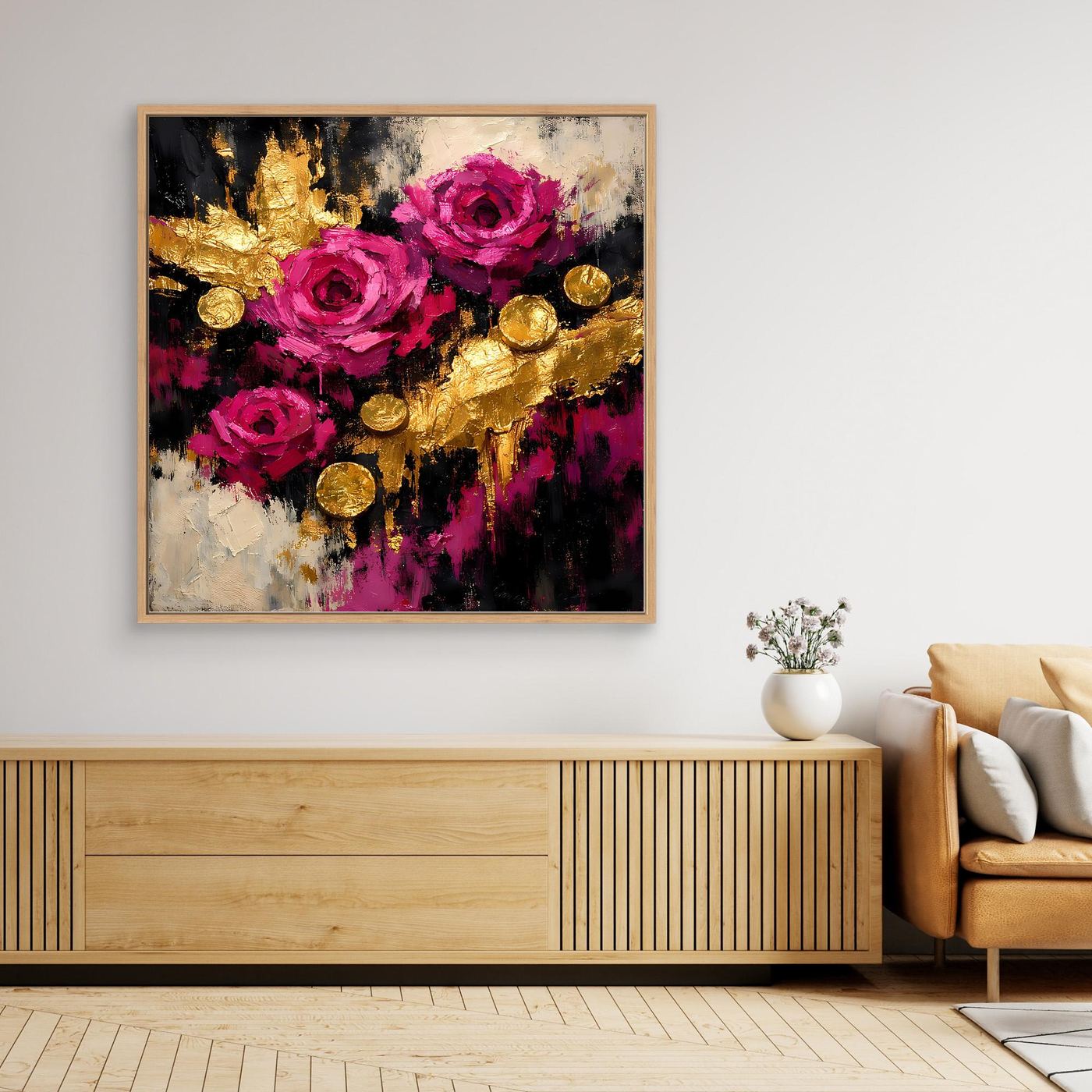 Leinwand Elegante Rosen in Magenta | Abstraktes Blumen Wandbild Gold