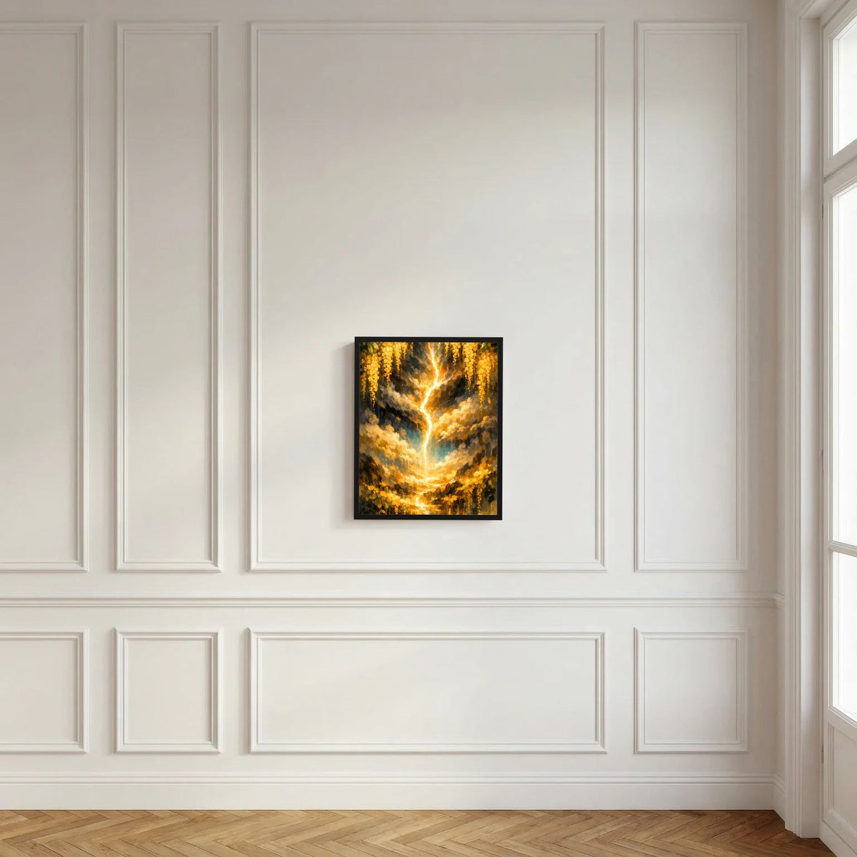 Wandbild: leuchtender goldener Lebensbaum im schwarzen Rahmen, abstrakter Baum-Look