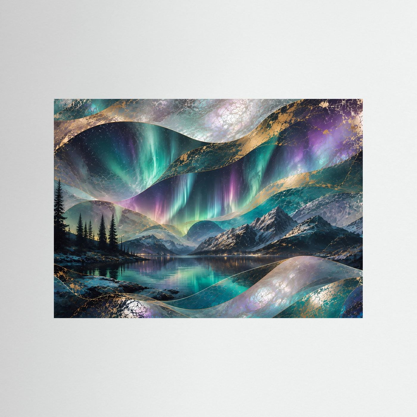 Aurora-Poster im Querformat mit türkis-violetten Lichtbögen über Bergsee