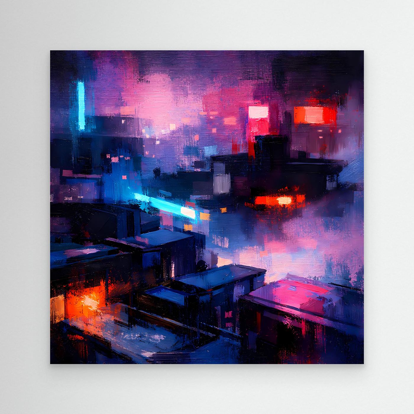 Leinwand Cyberpunk City bei Nacht | Modernes Neon-Dystopie Wandbild auf echter Leinwand