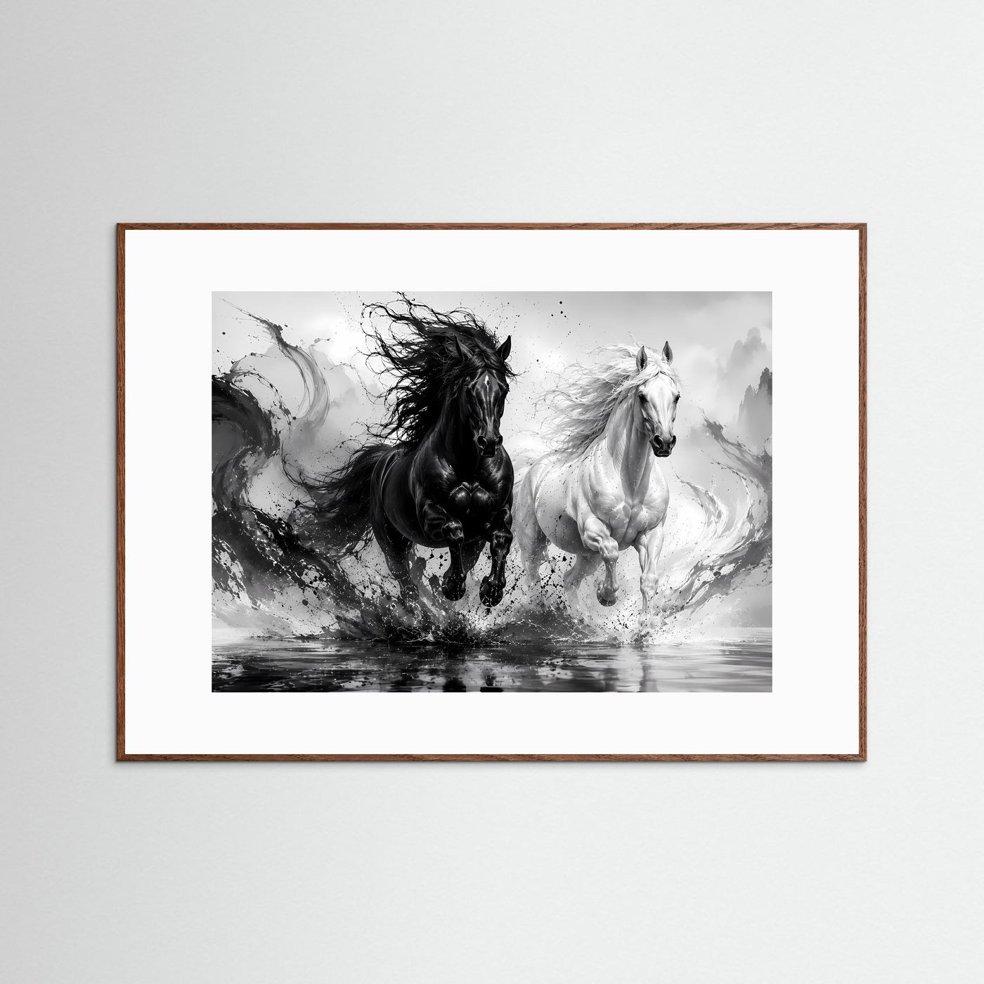 Schwarz Weiß Pferde Poster | Yin Yang Pferde Wandbild | Galoppierende Schwarze und Weiße Pferde | Moderne Abstrakte Pferdekunst