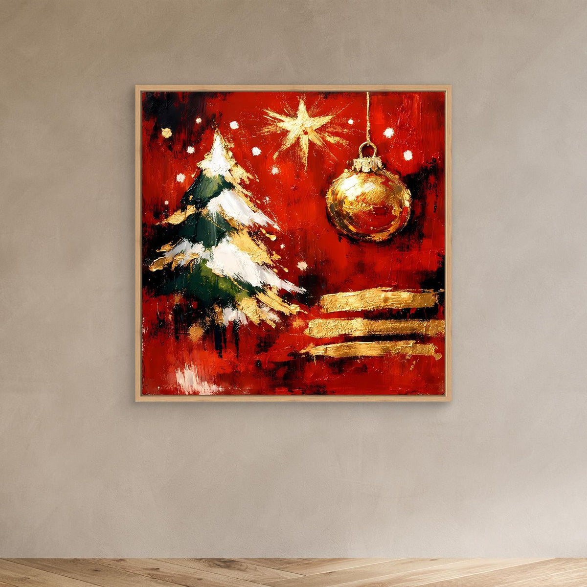Weihnachts-Wandbild mit hellem Rahmen, rote Abstraktion: goldener Baum, goldene Kugel und Stern