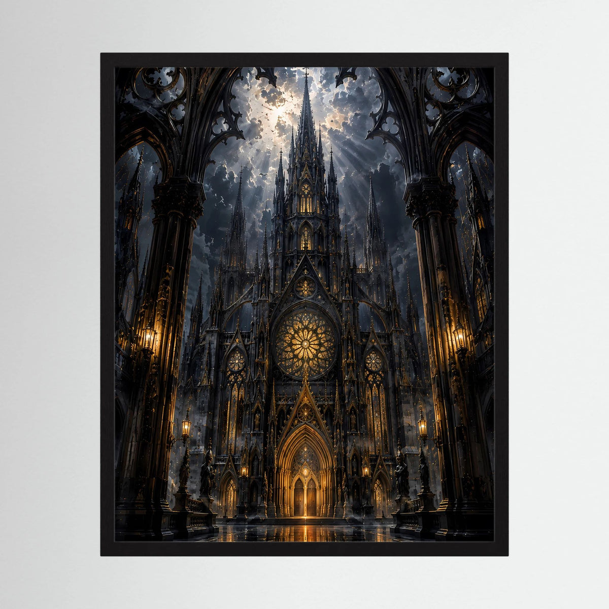 Hochformatiges Poster mit gotischer Kathedrale in Schwarz und Gold, im dunklen Rahmen