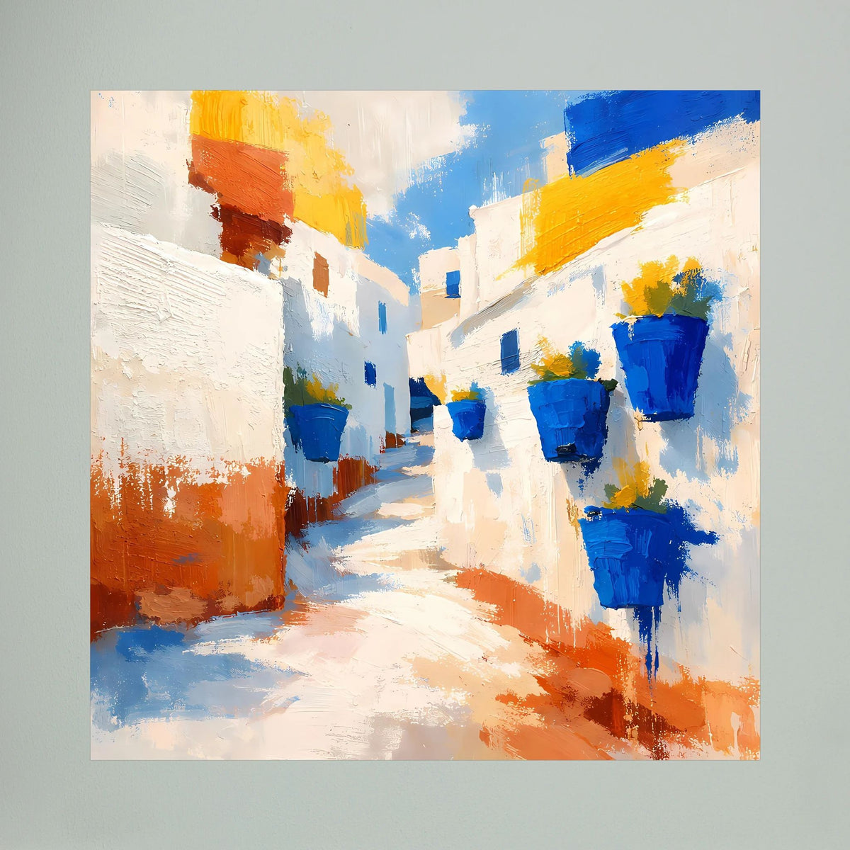 Leinwand-Wandbild Detail: abstrakte Gasse mit mehreren blauen Blumentöpfen