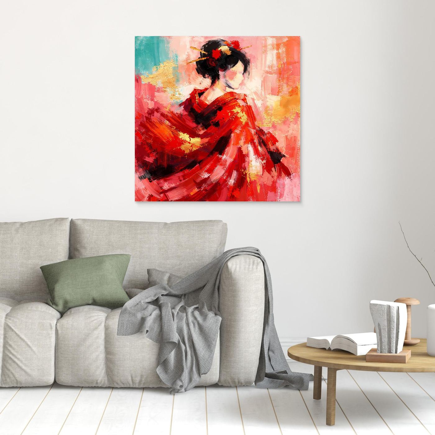 Leinwandbild mit Geisha in rotem Kleid, abstrakte Pinselstriche, Holzrahmen