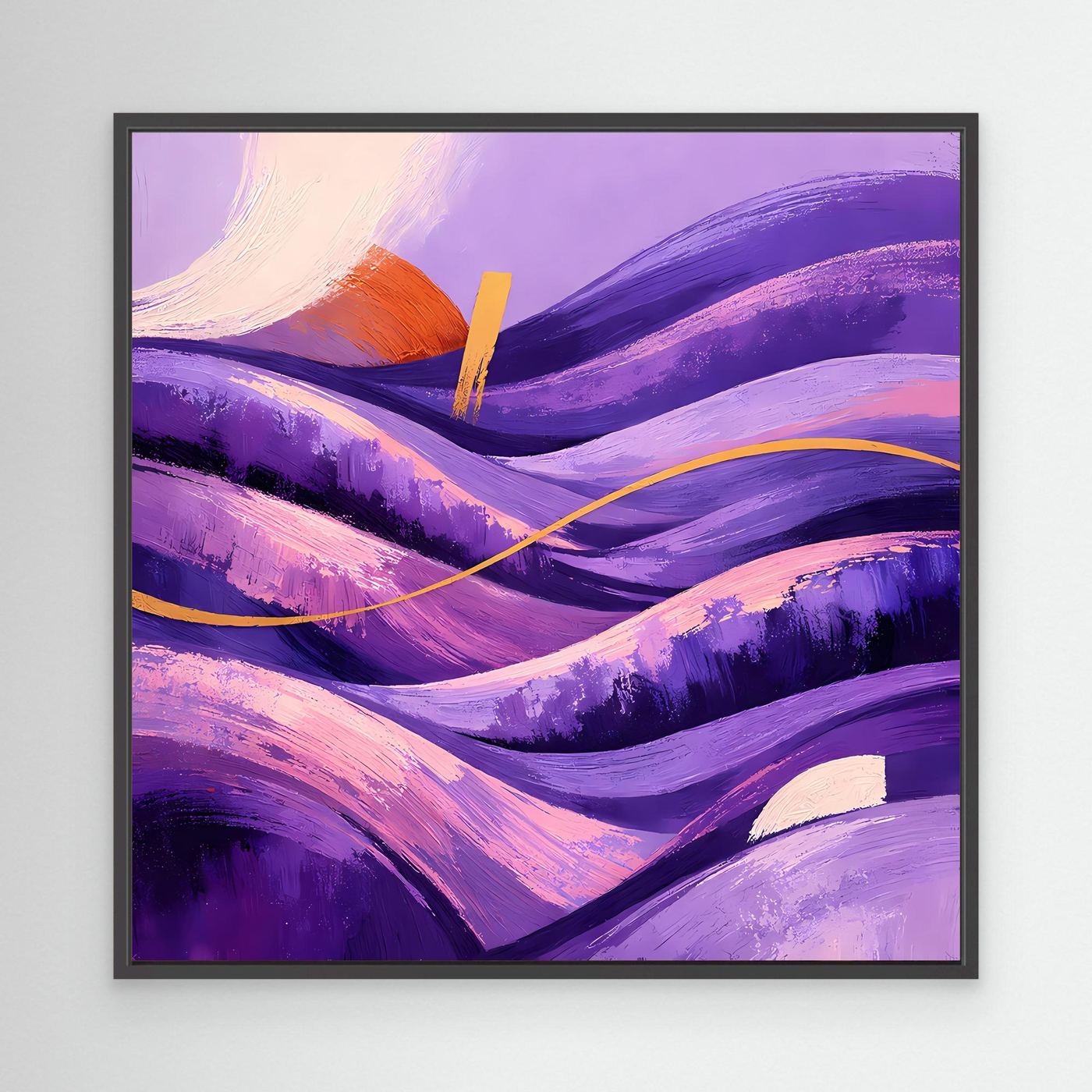 Leinwandbild Wellental in Violett mit Goldlinie und orangefarbener Akzentspur, schwarzer Rahmen