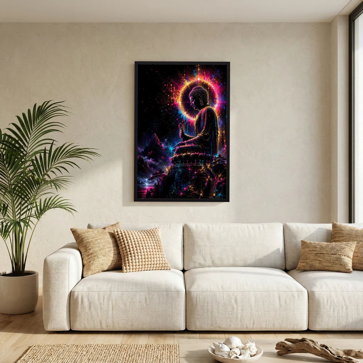 Buddha-Poster im Neonlicht (Hochformat): sitzende Figur mit leuchtender Aura, schwarzer Rahmen