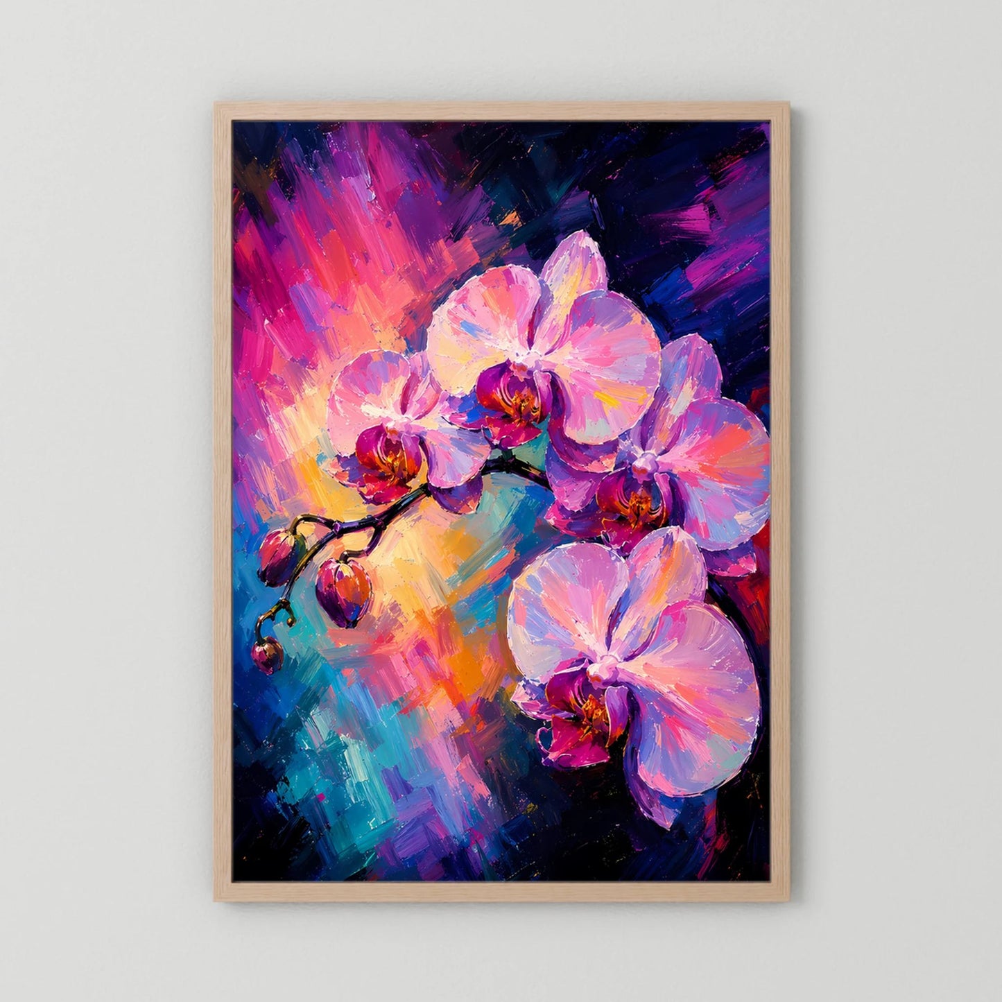 Kunstposter im Hochformat mit abstrakten Orchideenblüten in Pink und Blau, Holzrahmen hell