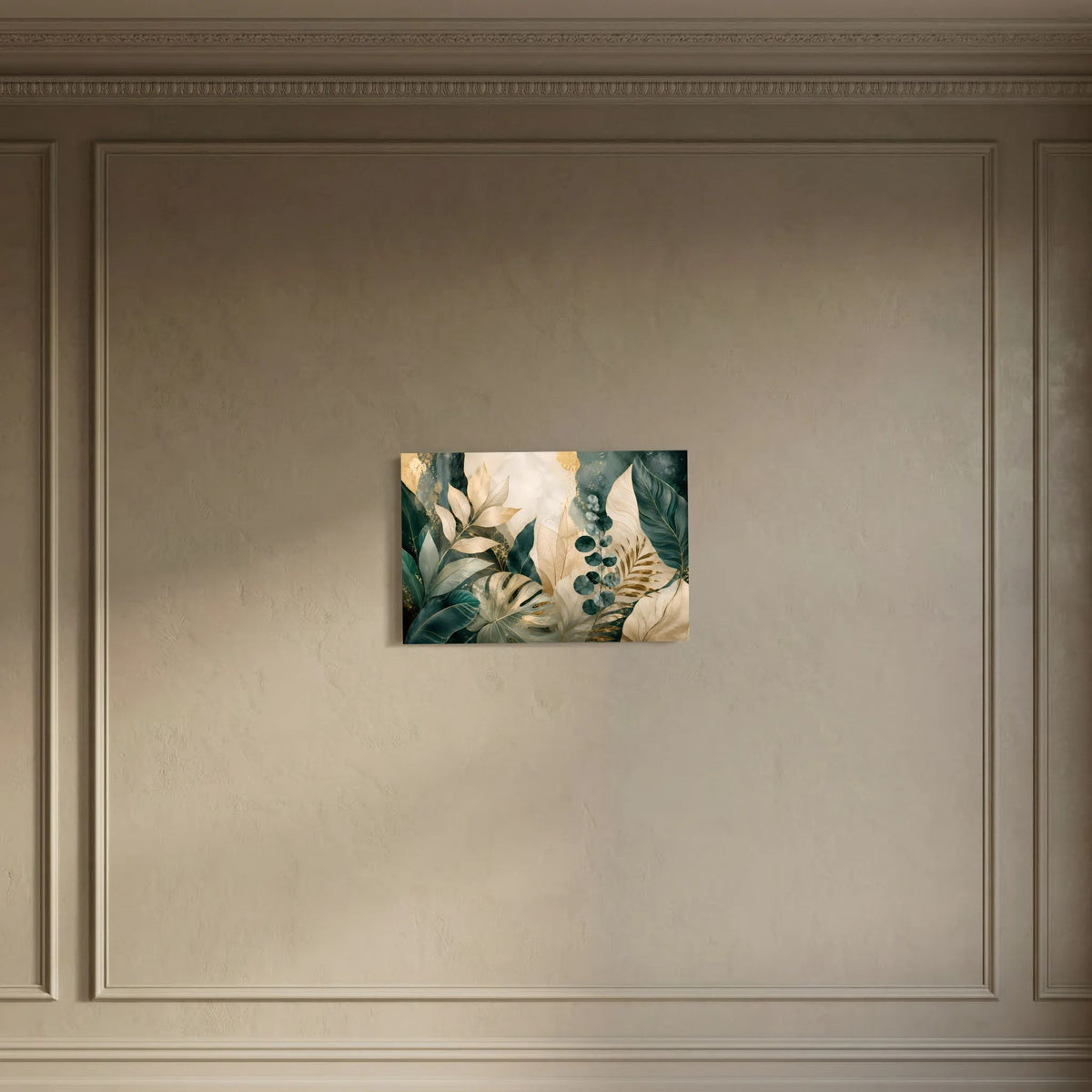 Poster im Querformat mit abstraktem Blättermotiv in Grün, Creme und Gold
