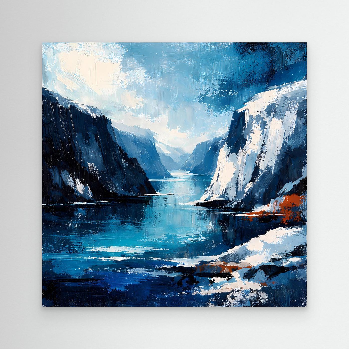 Abstraktes Wandbild auf Leinwand: blaue Klippen und Meer, helle Wolken, ohne Rahmen.