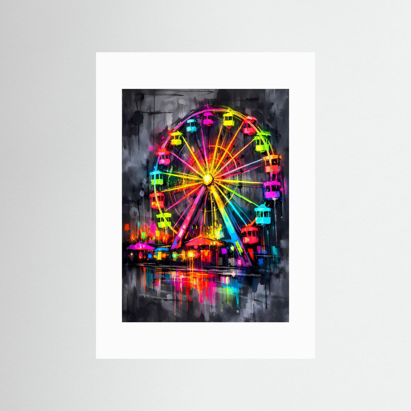 The Neon Ferris Wheel | Luxuriöses Riesenrad Poster Bunt & Dunkel | Abstraktes Jahrmarkt Kunstposter Hochformat