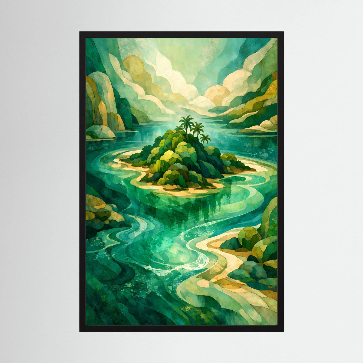 Poster mit abstrakter Insel in Türkis und Grün, schwarz gerahmt, Hochformat