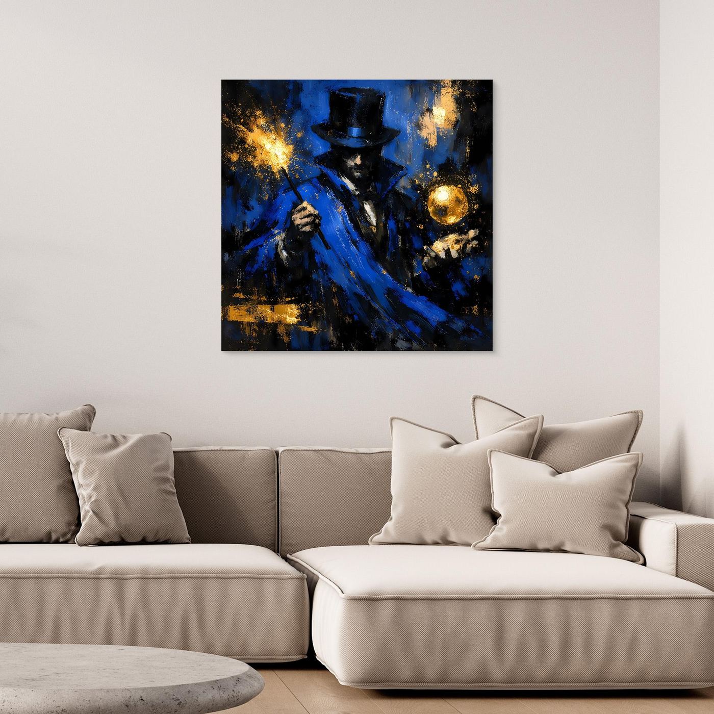 Leinwand Mystischer Magier in Blau und Gold | Abstraktes Fantasy Wandbild Moderne Kunst
