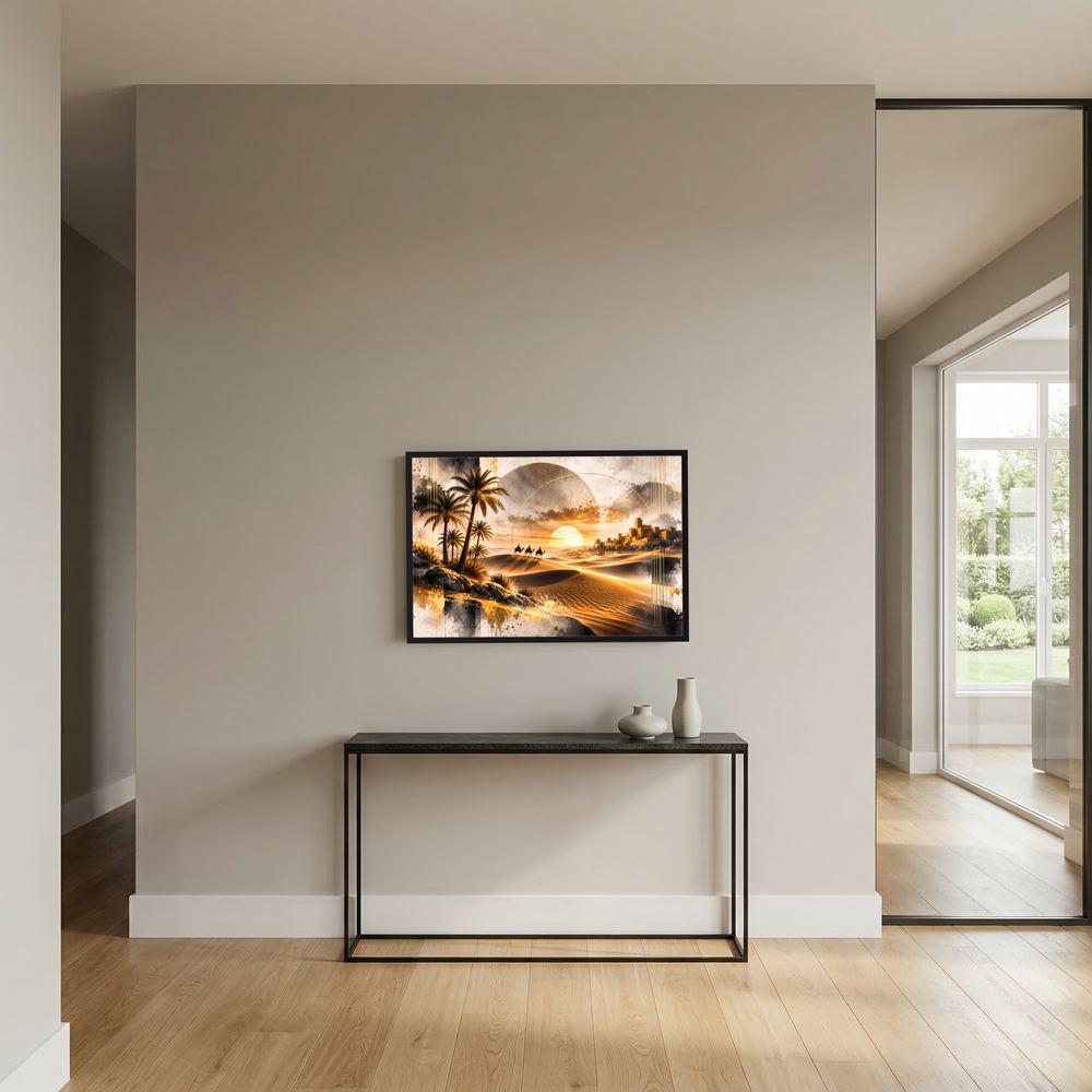 Wandposter im Querformat mit Wüstenlandschaft, Palmen, Karawane und Oase im goldenen Sonnenuntergang