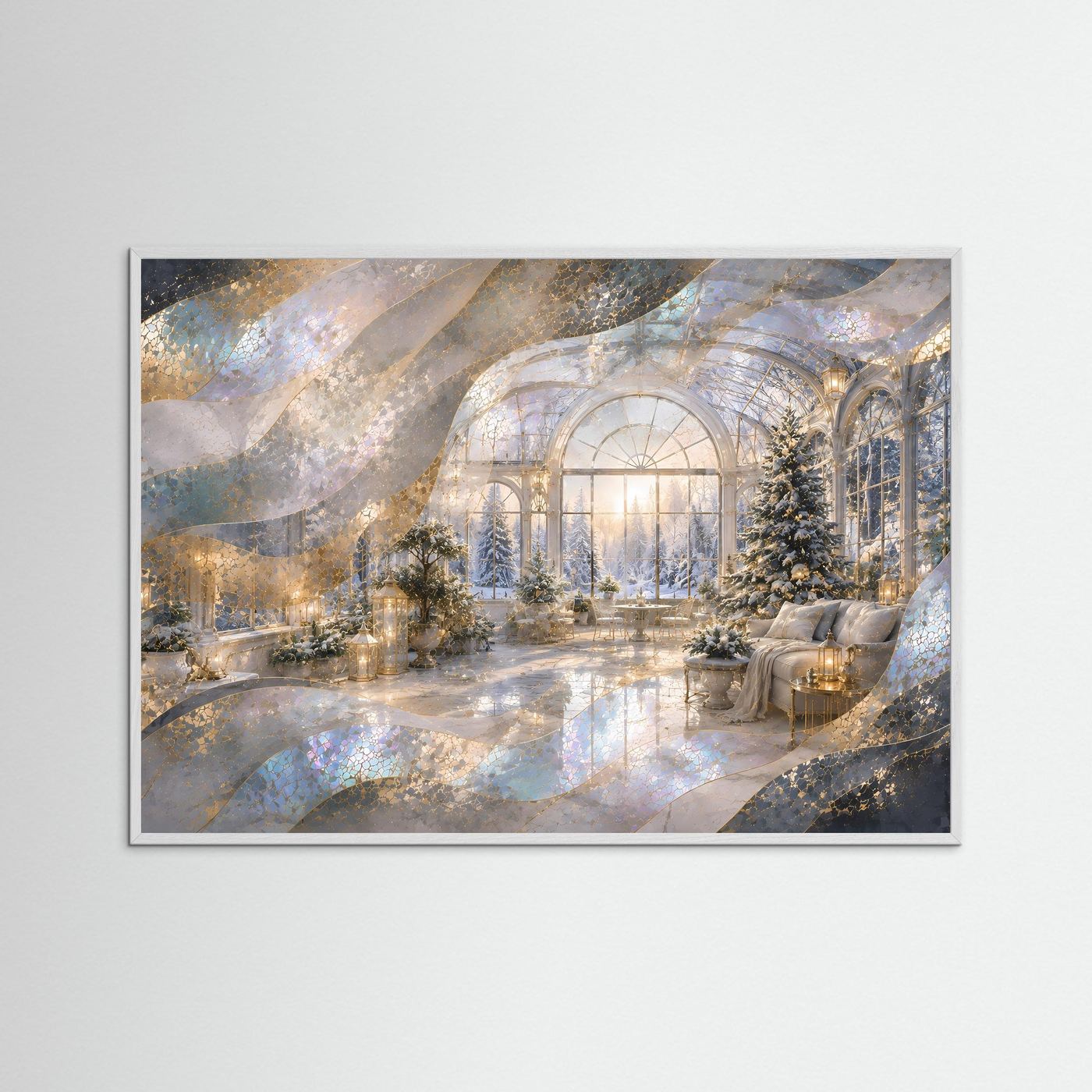 Wintergarten Poster Querformat | Verschneiter Wintergarten mit Weihnachtsbaum & Gold