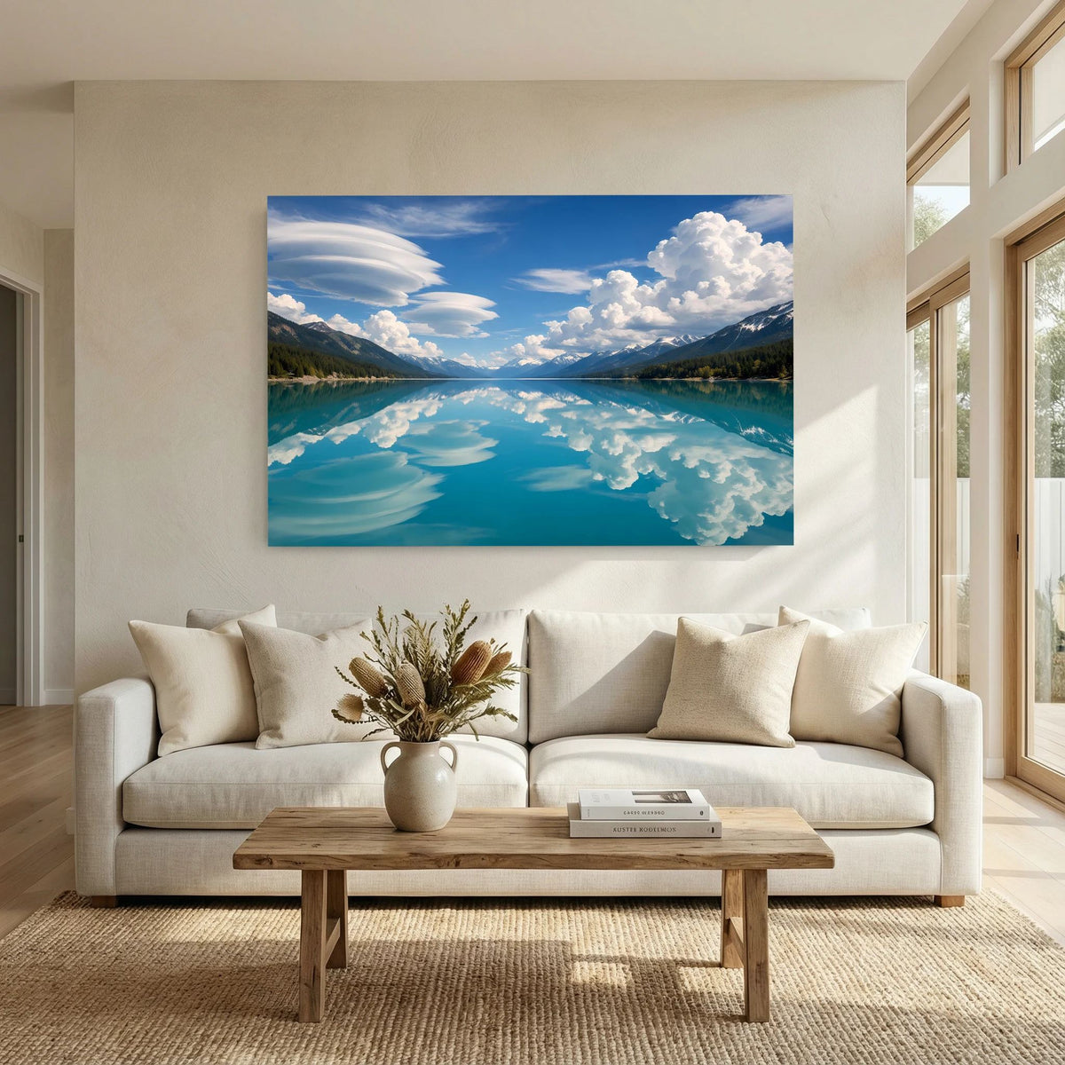 Querformat-Wandbild über Sofa: blaues Wasser, Berge und Wolken