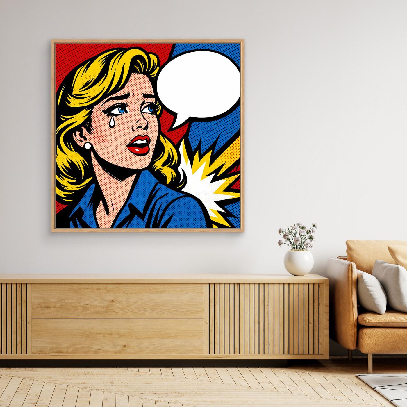 Leinwandbild Pop Art: Porträt einer Frau mit Sprechblase, blondem Haar und blauem Outfit