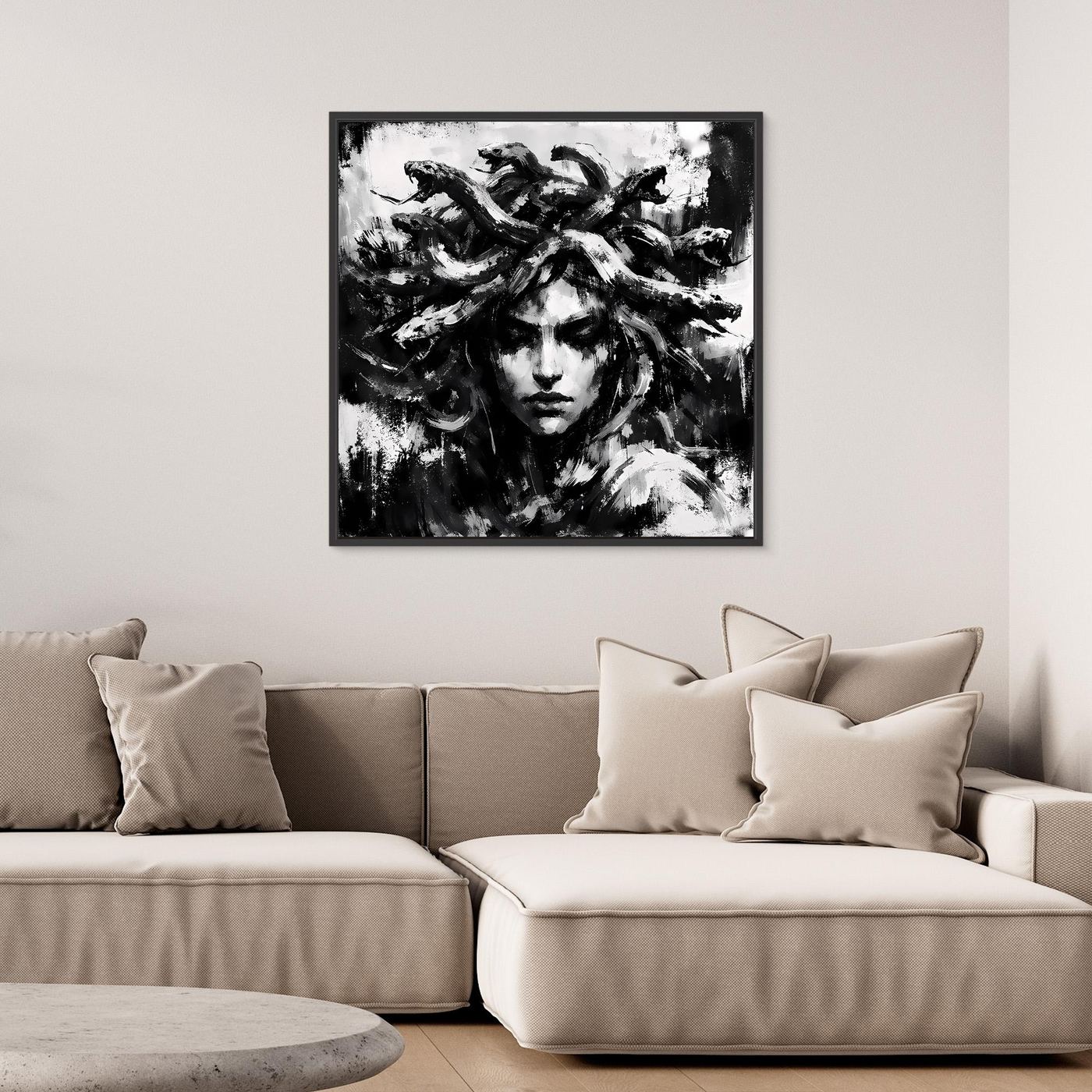 Abstract Medusa canvas wall art with black frame, monochrome portrait with spiky hair