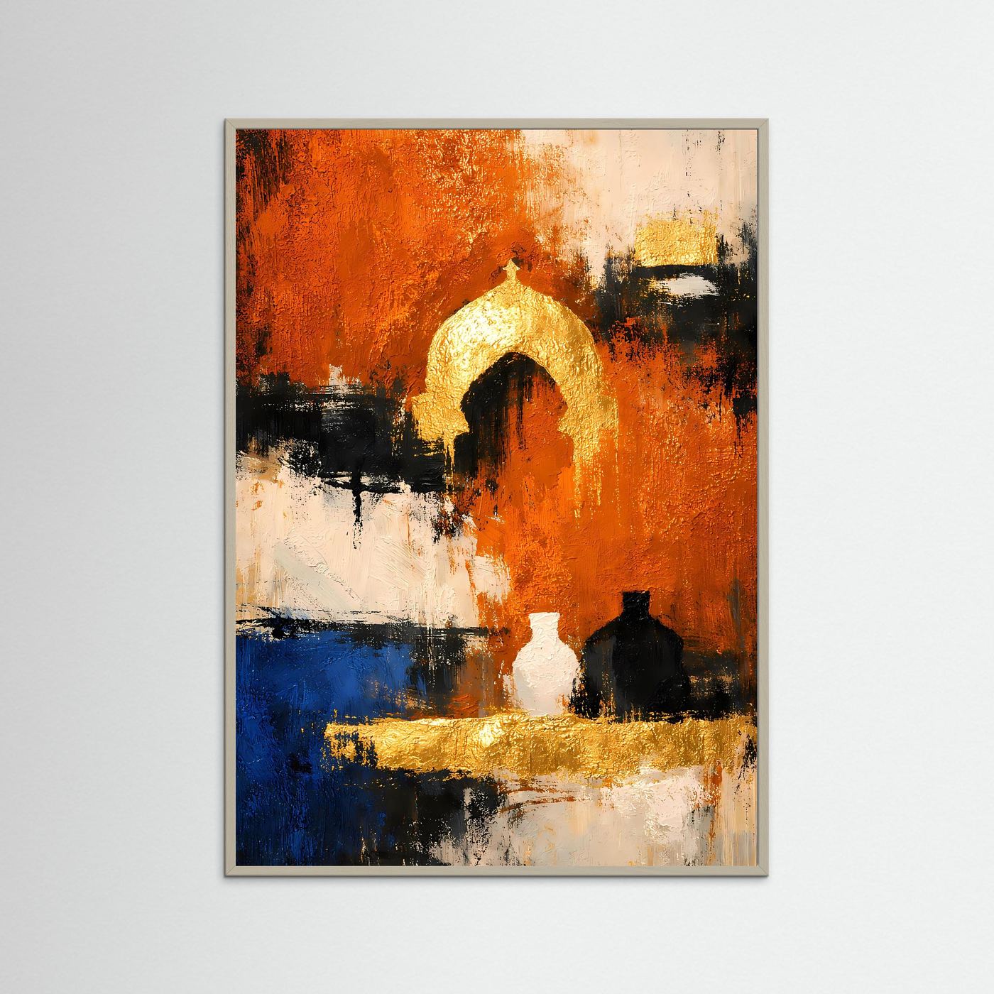 Abstraktes Stillleben mit grauem Rahmen: orange, blau, goldene Bogenform, schwarze Details