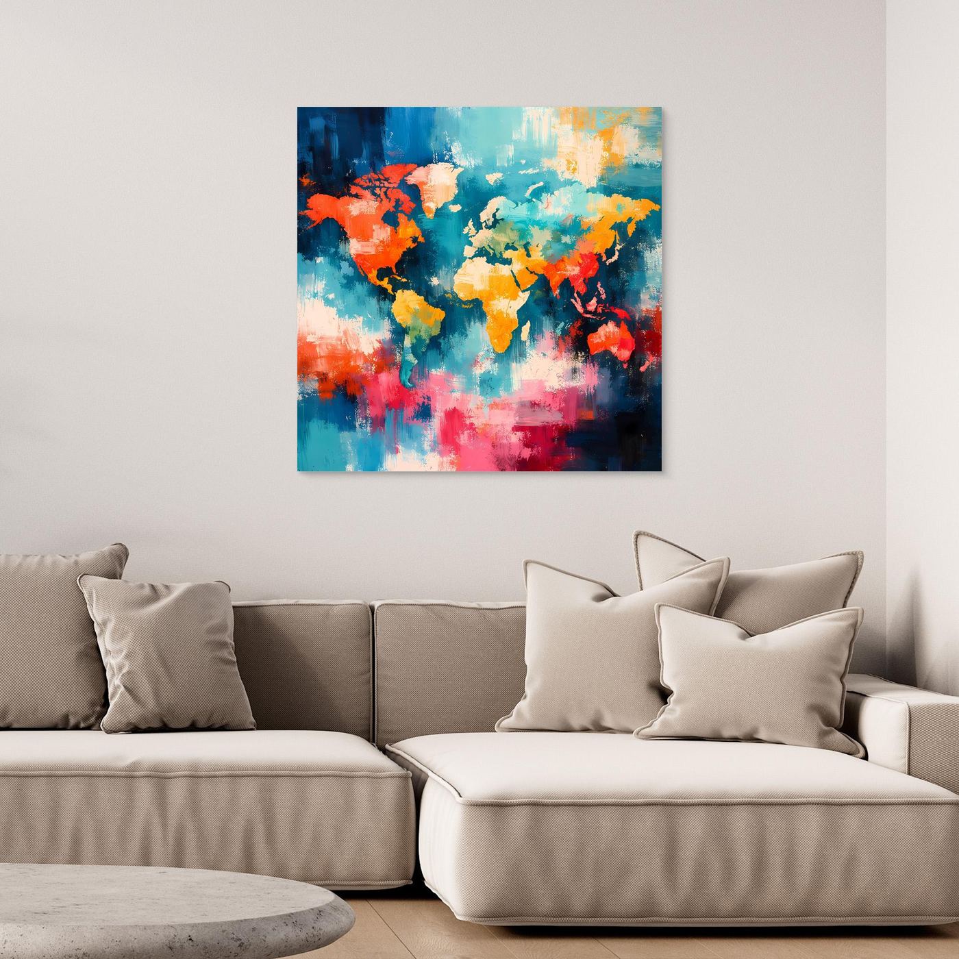 Framed abstract world map wall art with colorful paint splash design