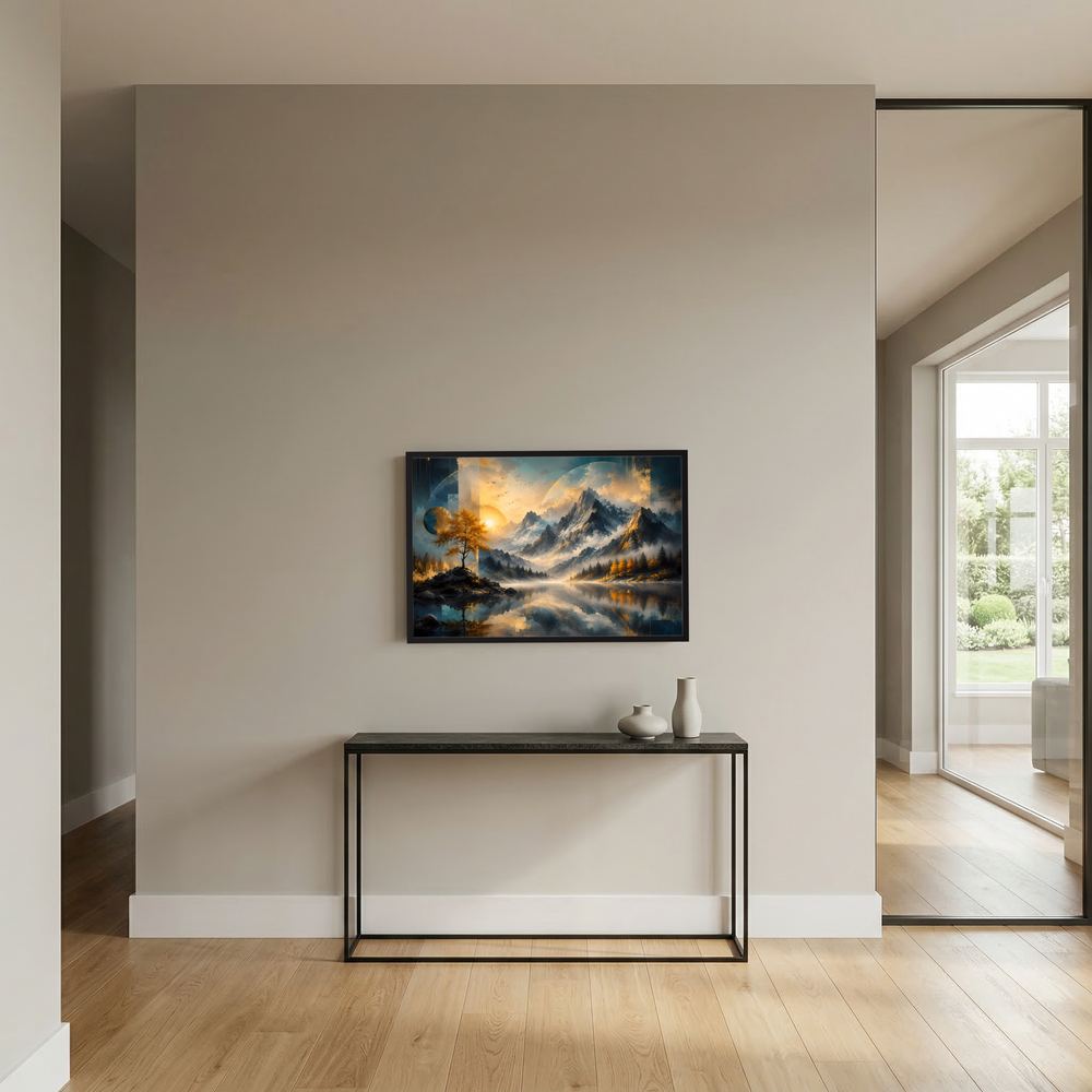 Wandposter Querformat mit Bergsee, Herbstbaum und Sonnenaufgang, schwarzer Rahmen