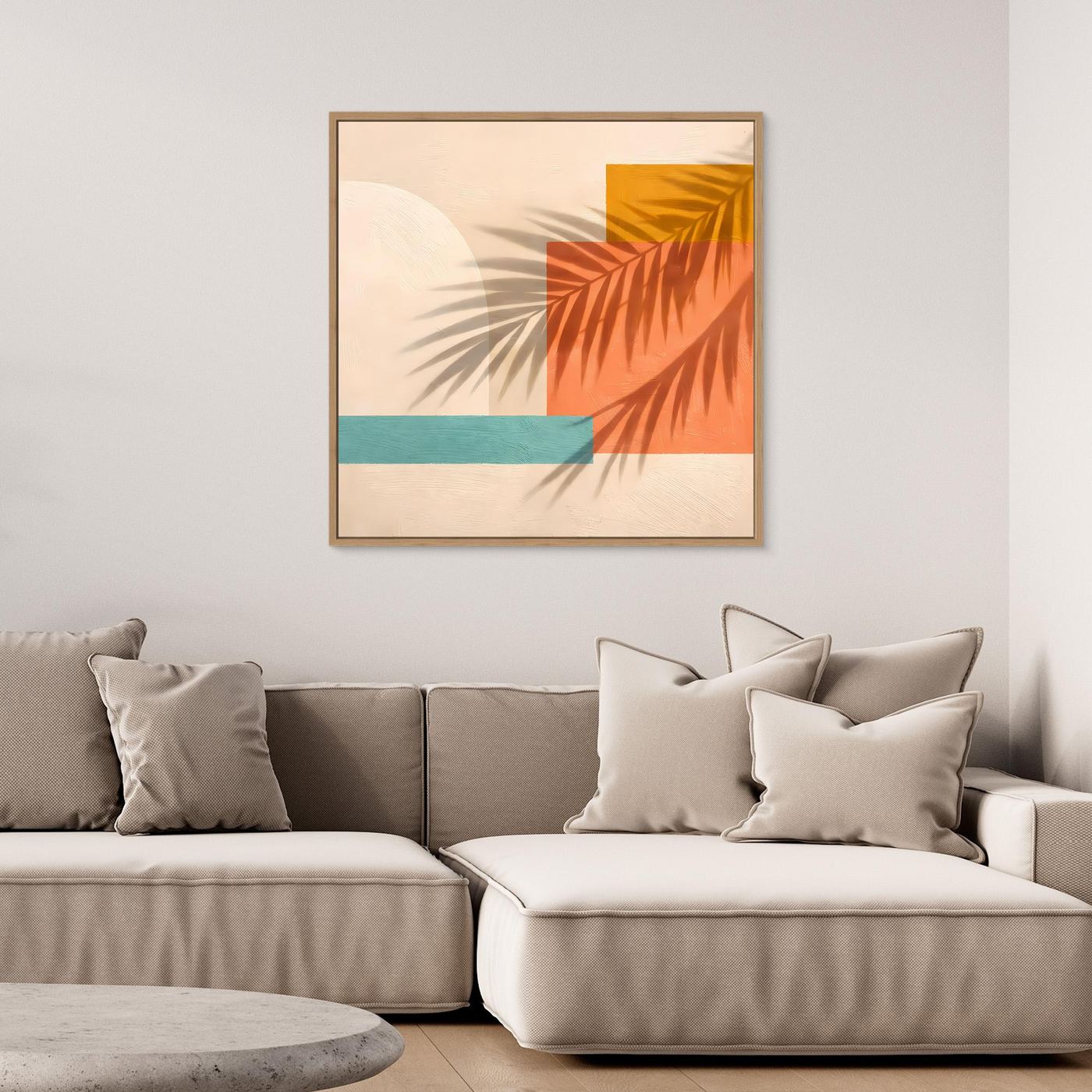 Leinwand Abstrakte Geometrie mit Palmenschatten | Modernes Boho Wandbild Terracotta