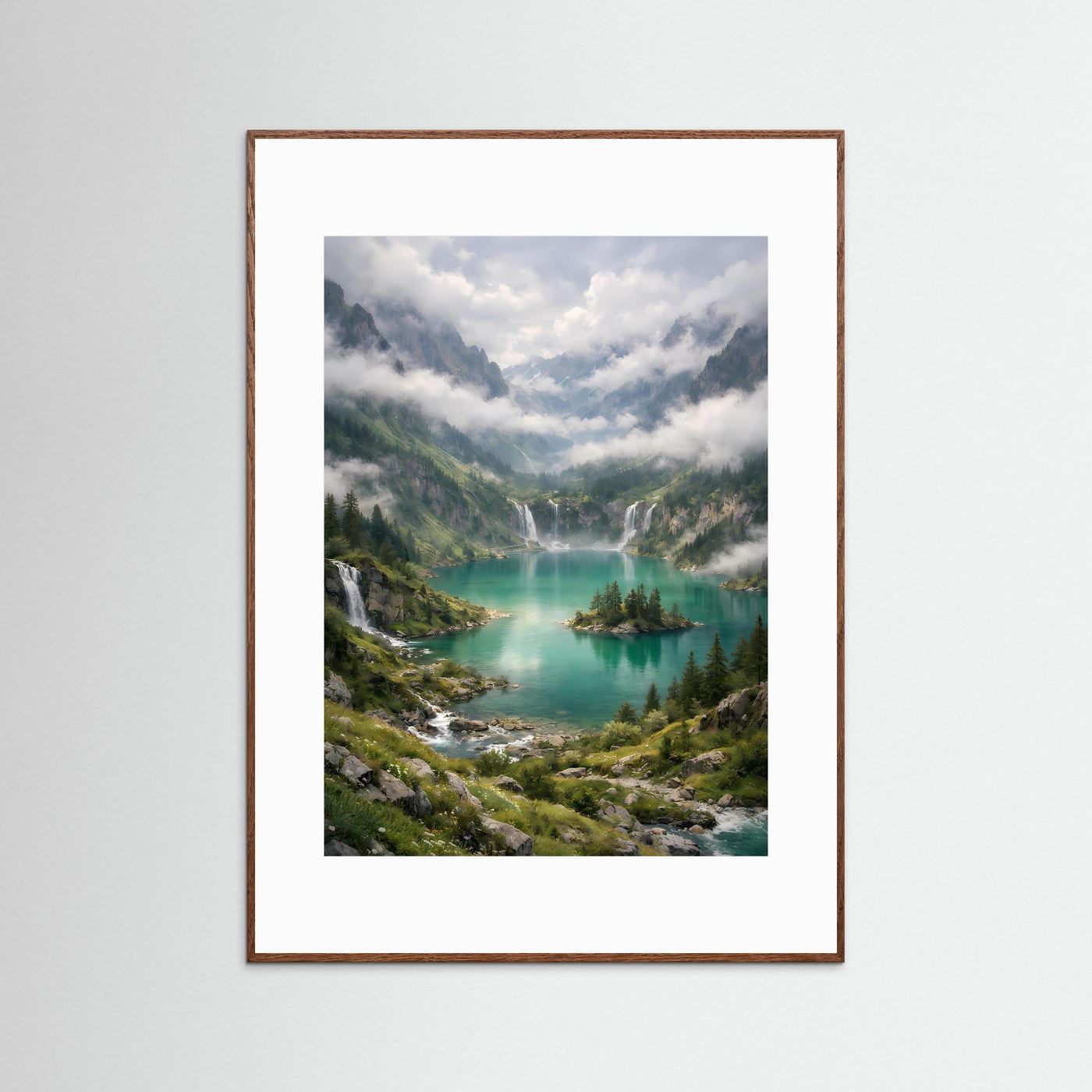 Hochformat-Poster mit Alpenlandschaft und türkisfarbenem Bergsee, brauner Rahmen