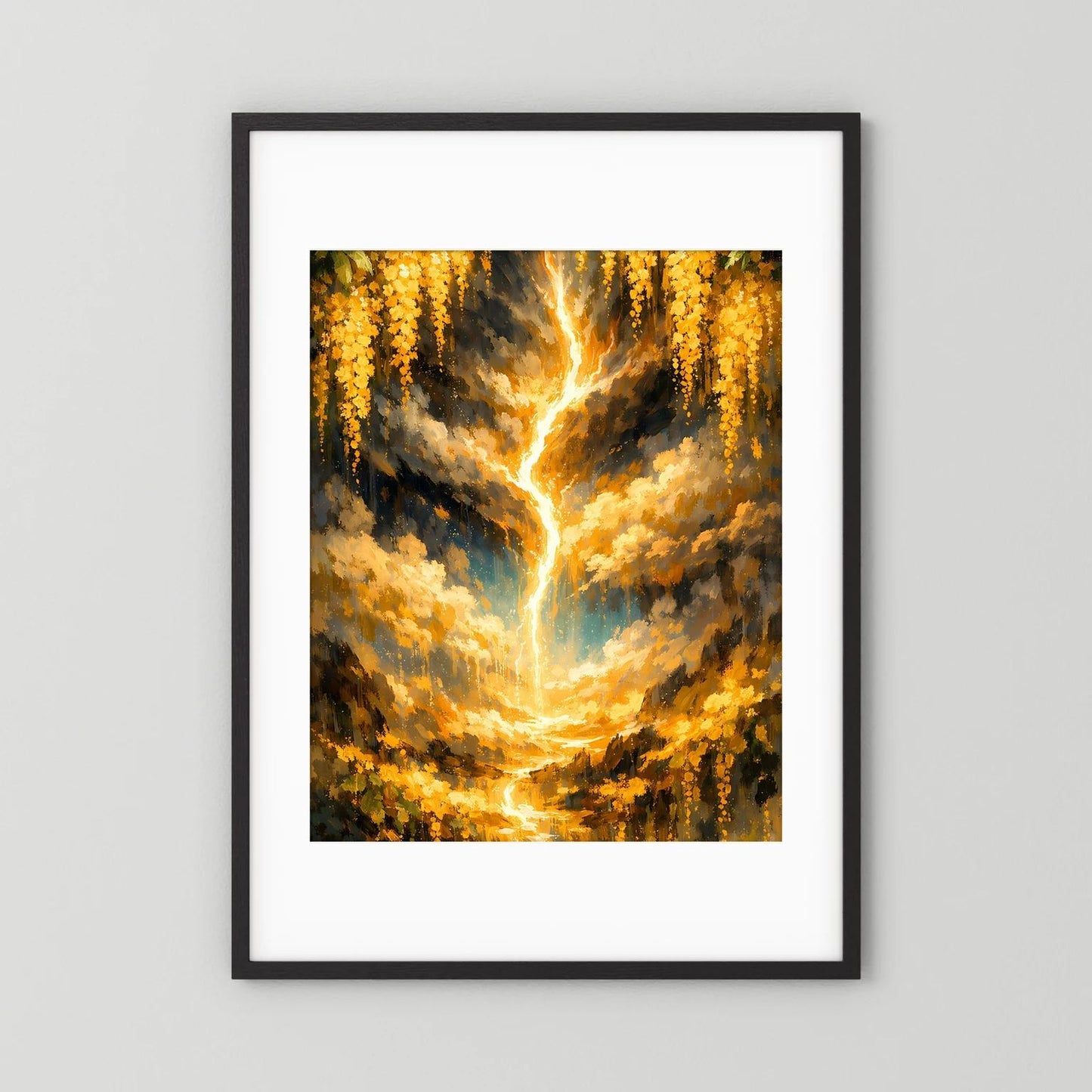 Hochformat-Poster mit goldenem Lebensbaum und Lichtflammen, in schwarzem Rahmen mit weißem Passepartout