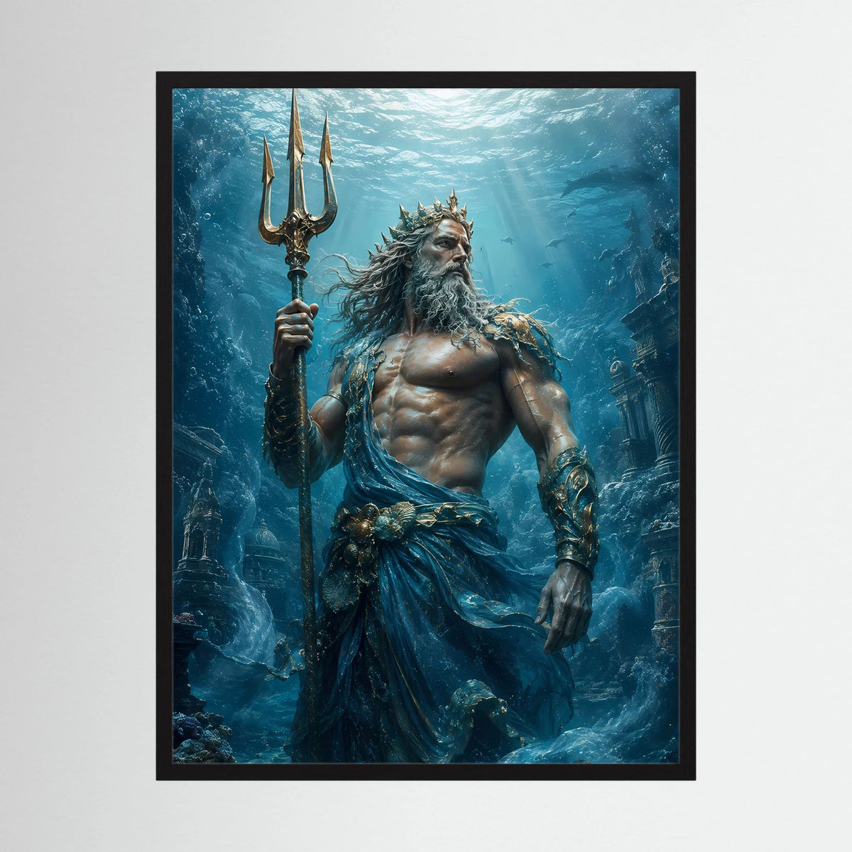 Gerahmtes Hochformat-Poster: Meerkrieger mit Dreizack im blauen Unterwasser