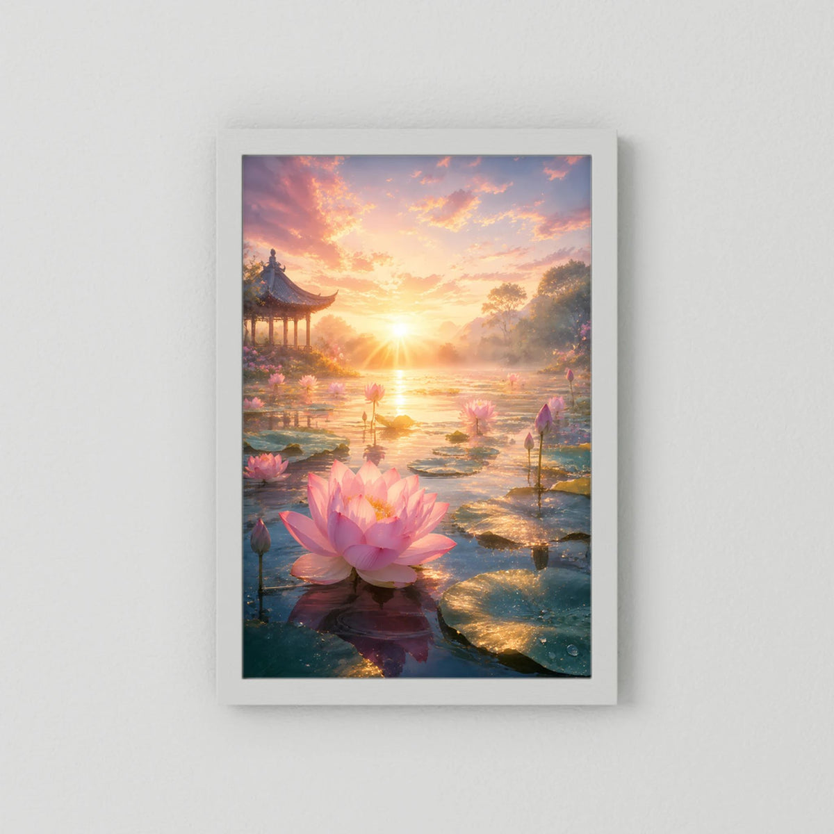 Hochformatiges Poster mit rosa Lotusblüte, Sonnenaufgang über Wasser, ohne Holzrahmen