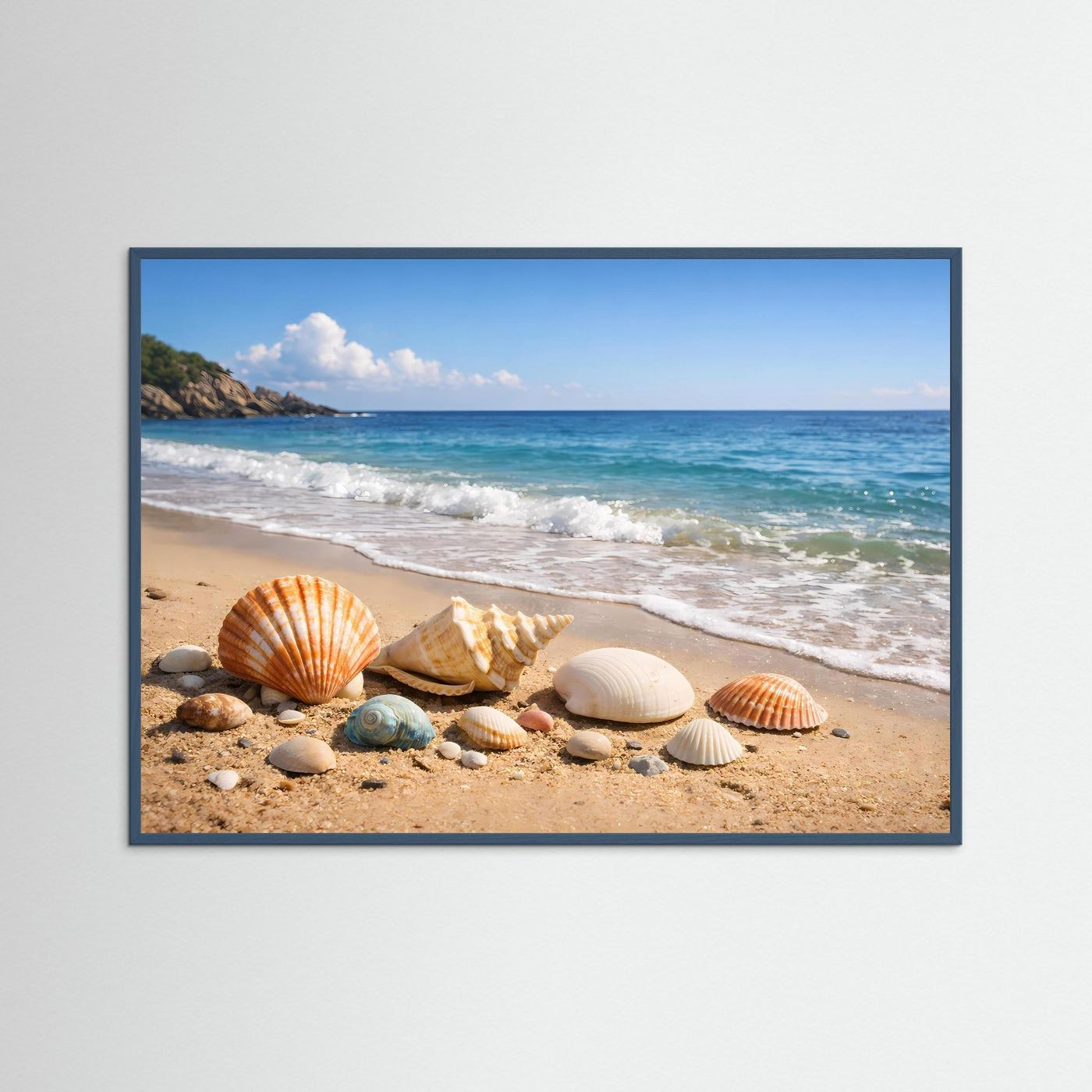 Poster im Querformat mit Muscheln am Sandstrand, schwarzer Rahmen