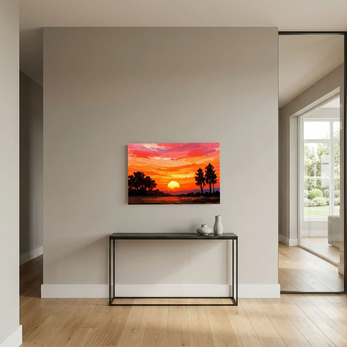 Acryl-Kunstwerk im Querformat an Wand über Konsole: Sonne im orange-roten Himmel