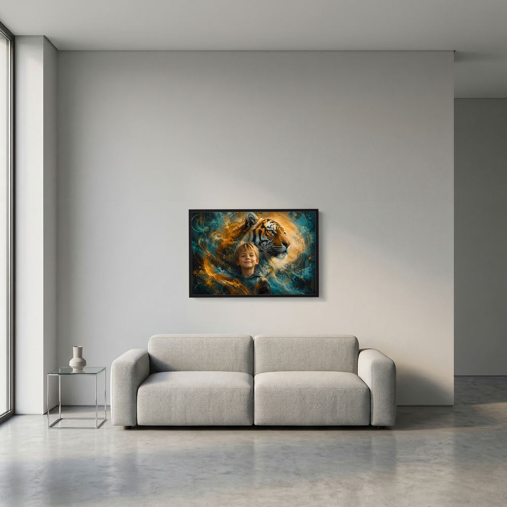 Poster mit Junge und Tiger im türkis-goldenen Design, Schwarzrahmen, Querformat
