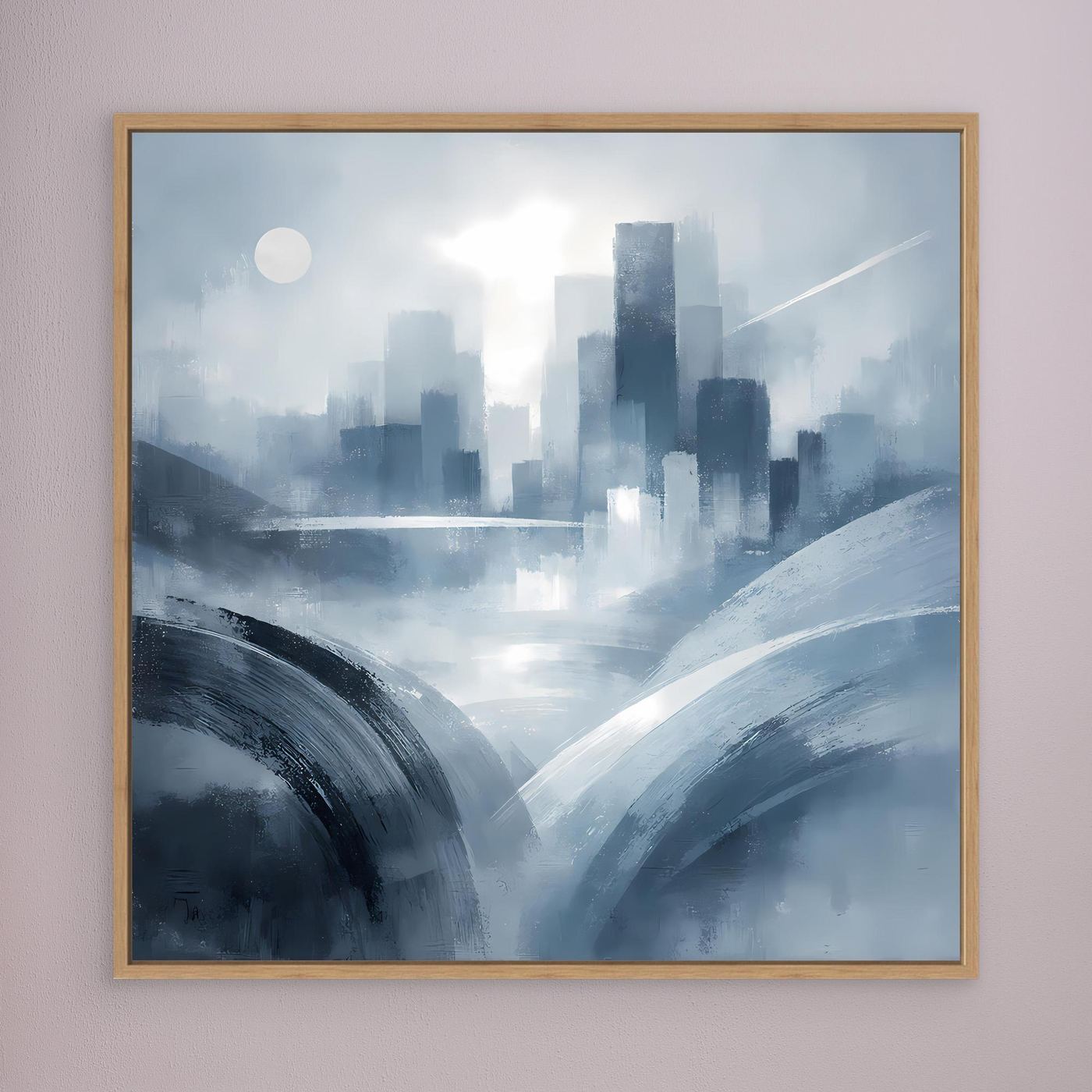 Leinwandbild mit Holzrahmen: abstrakte Skyline in Blau-Grau, breite Pinselbögen