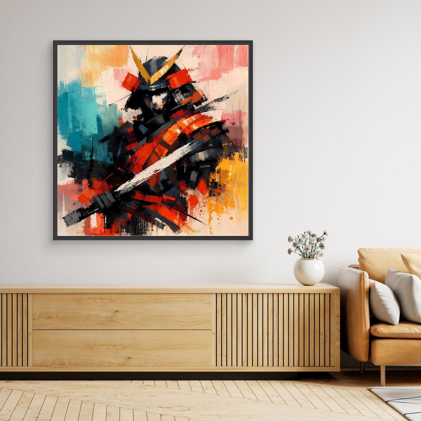 Wandbild mit abstraktem Samurai-Krieger im Street-Art-Look, schwarz gerahmt