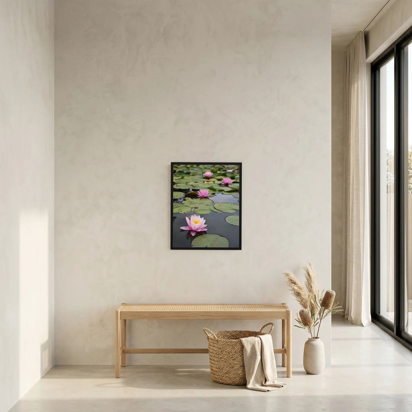 Quadratischer Kunstdruck mit Seerosen im Teich, schwarz gerahmt