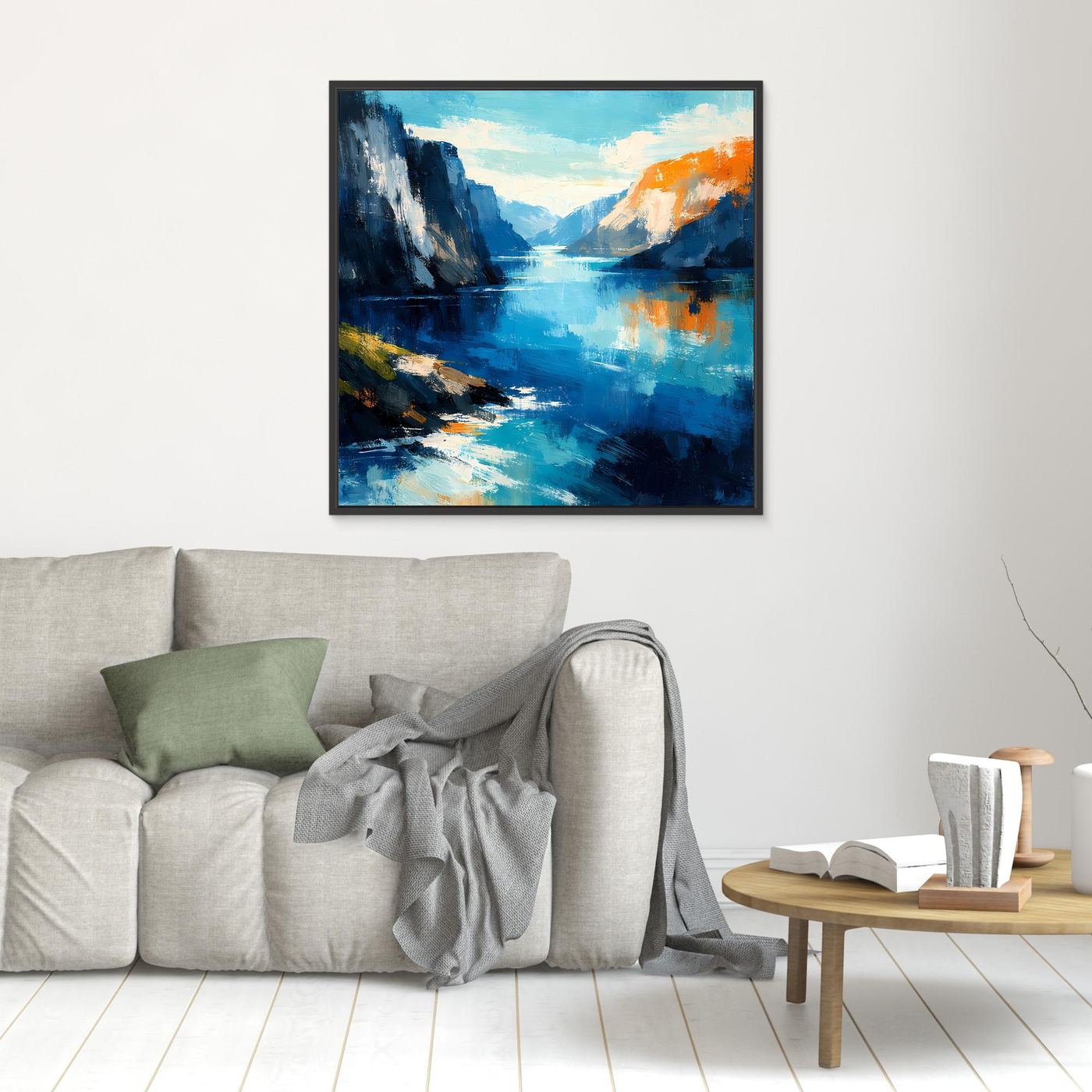 Leinwand Abstraktes Fjord Gemälde | Modernes Norwegisches Wandbild Blau Orange