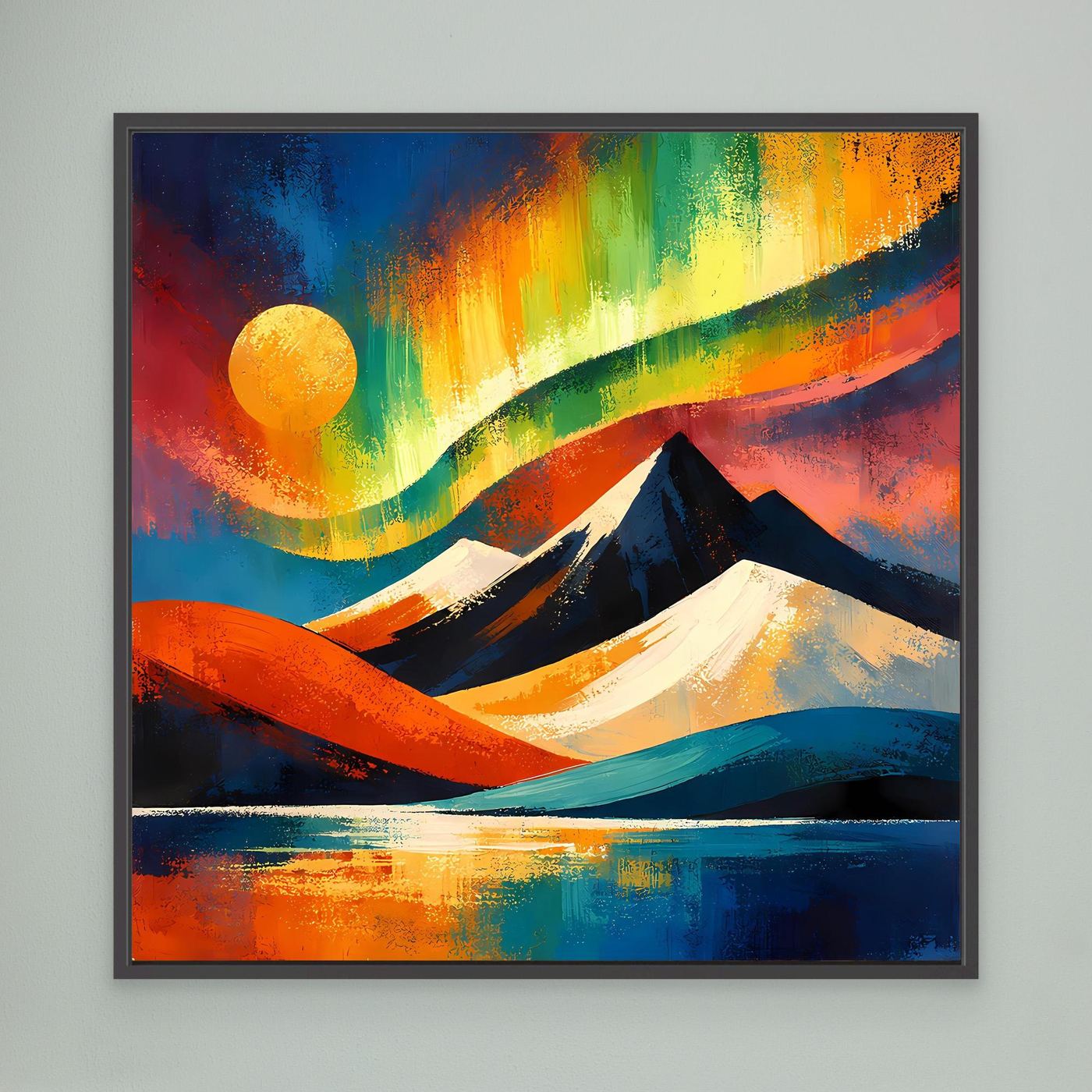 Gerahmtes Leinwandbild mit abstrakter Berglandschaft, Blau-Orange-Grün, schwarzer Rahmen
