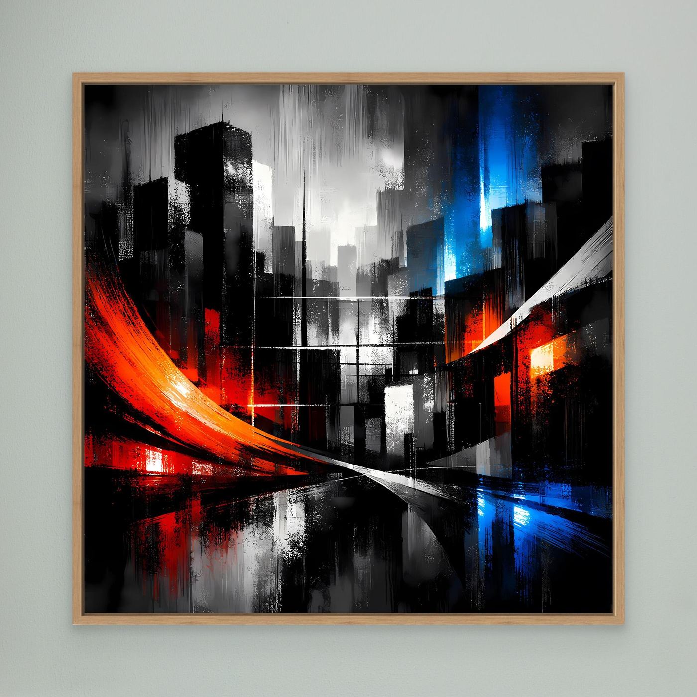 Abstraktes Skyline-Wandbild mit hellem Holzrahmen, rote und blaue Lichtspuren, dunkler City-Look