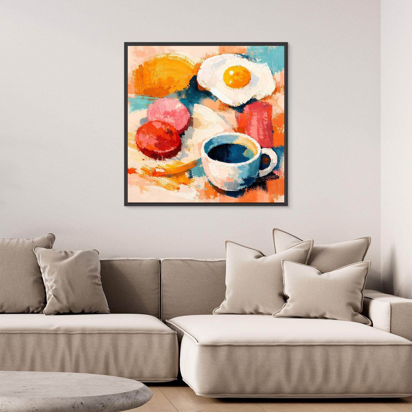 Abstraktes Wandbild aus Leinwand mit Spiegelei und Kaffeetasse, gerahmt in dunklem Rahmen