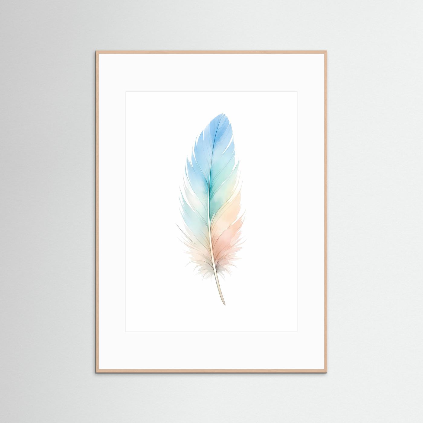 Wandposter mit Aquarellfeder im Pastell-Farbverlauf, roséfarbener Rahmen, Hochformat