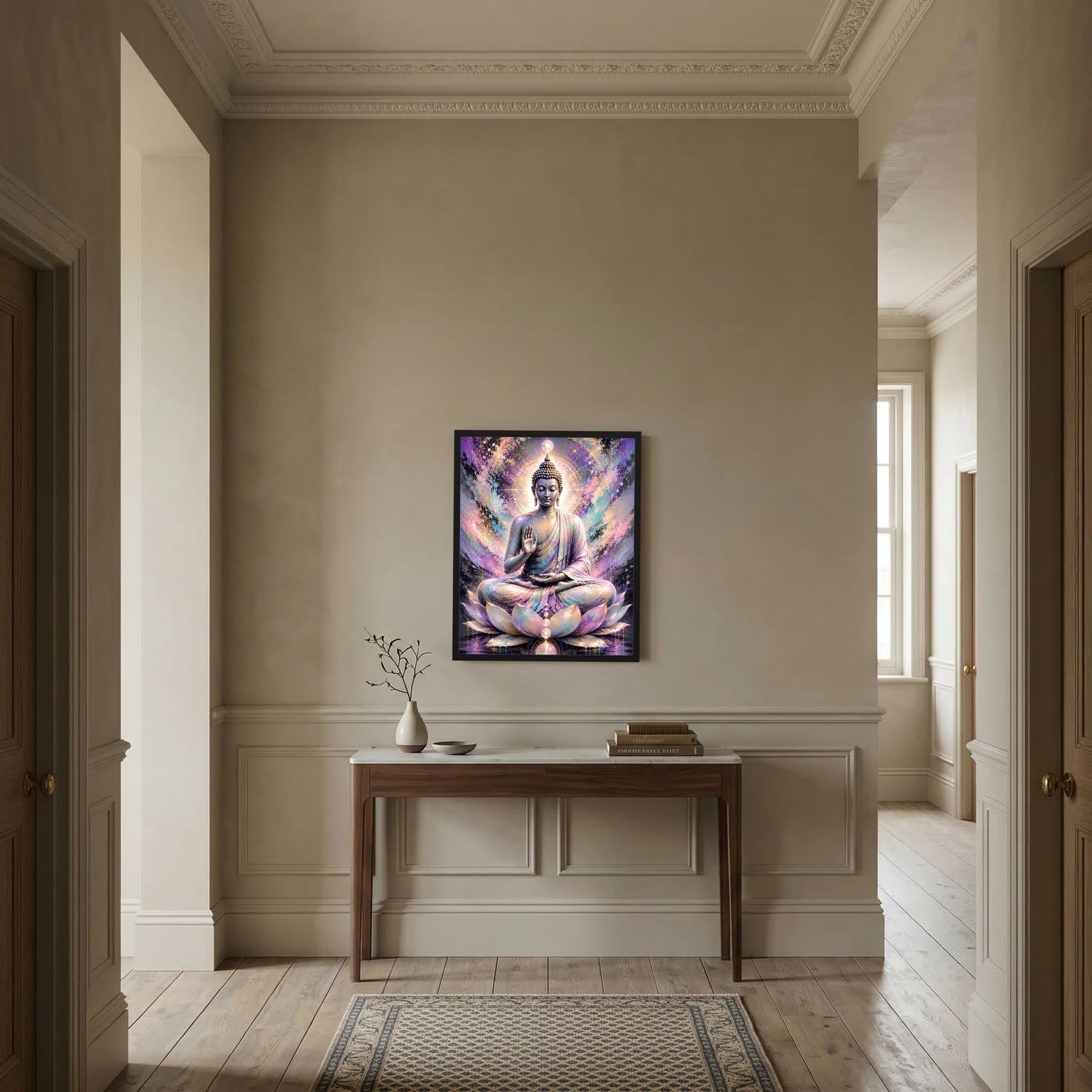 Poster-Bild an der Wand: meditierender Buddha auf Lotusblüten, pastellfarbene Aura