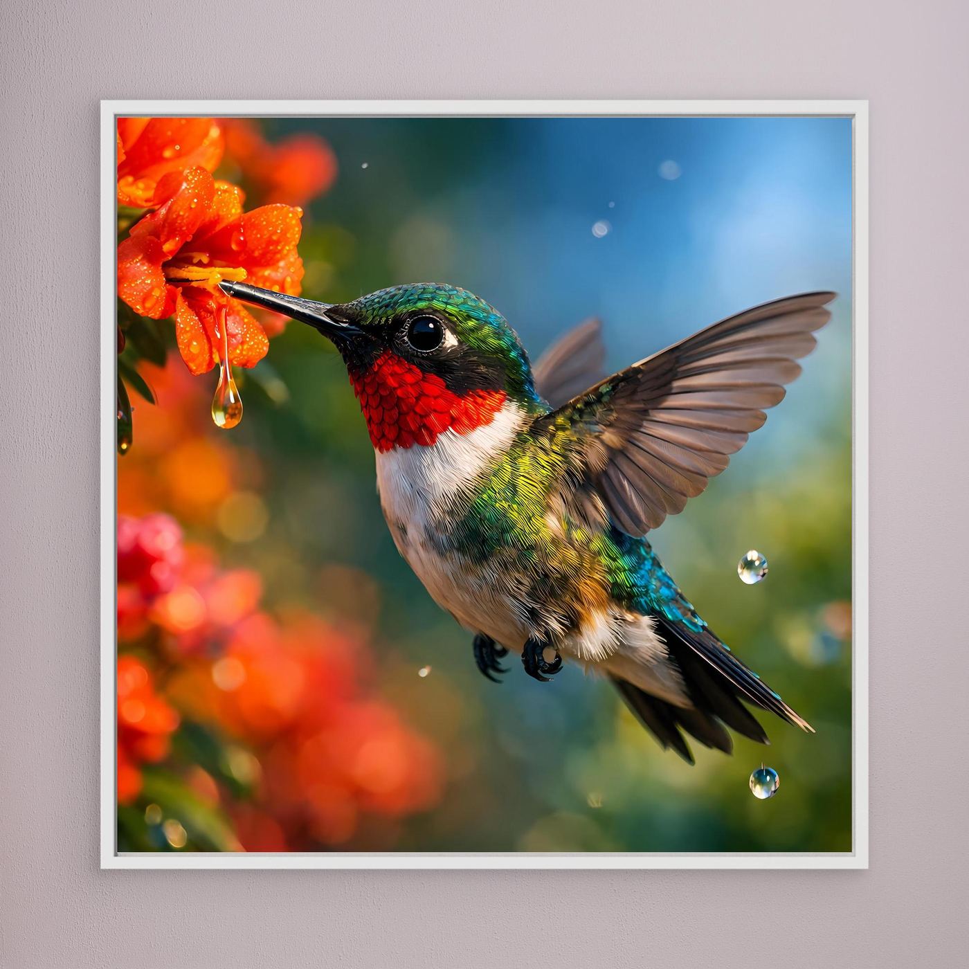 Leinwand Kolibri im Blütenrausch | Farbenfrohes Vogel Natur Wandbild