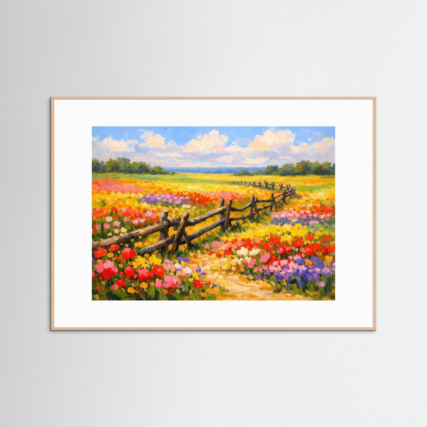 Poster Blühende Sommerwiese mit Holzzaun | Majestätisches Farbenfrohes Wandbild