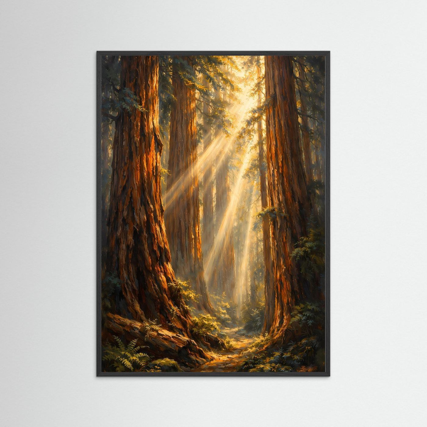 Wandposter im Hochformat mit dunklem Rahmen: Redwood-Wald und goldene Lichtstrahlen