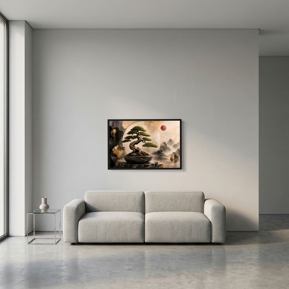Kleines gerahmtes Bonsai-Poster an der Wand, Schwarz-und-Gold-Design mit rundem Motiv.